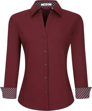 WARHORSEE Womens Button Down Shirt Long Sleeve Work Dress Shirts, V Neck Easy Care Stretchy Business Casual Blouses for Women