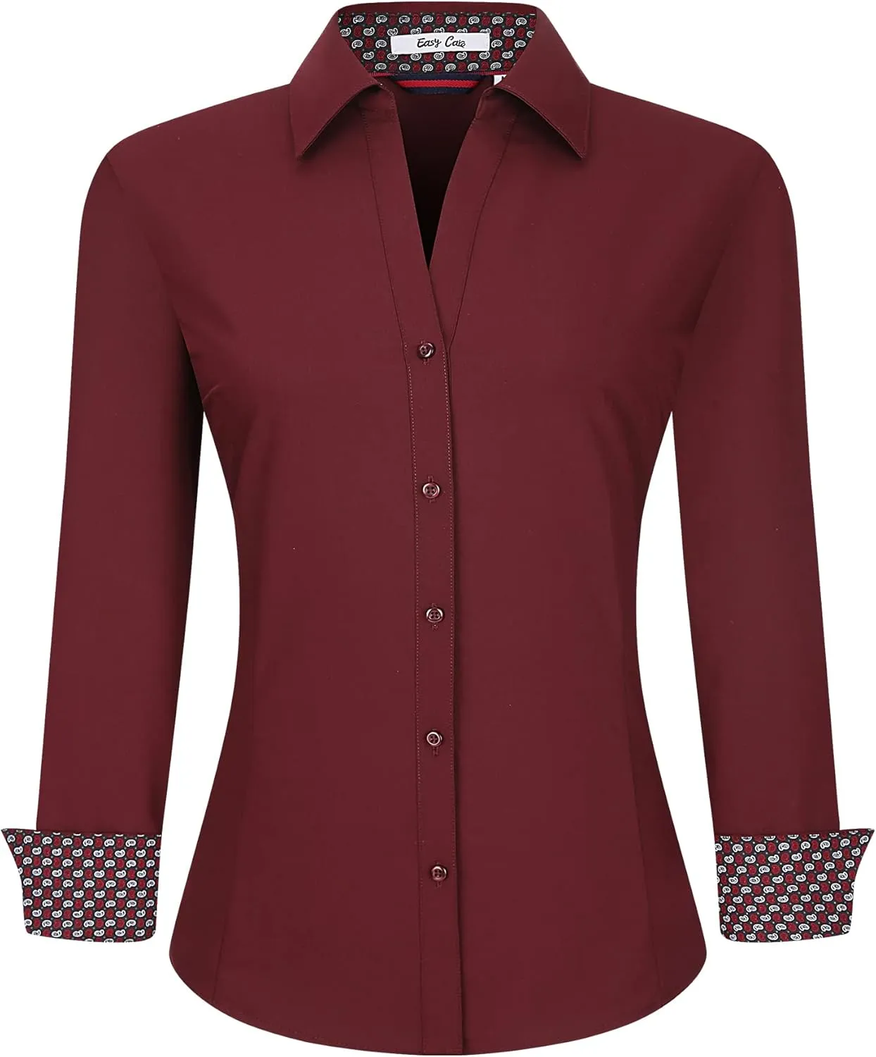 WARHORSEE Womens Button Down Shirt Long Sleeve Work Dress Shirts, V Neck Easy Care Stretchy Business Casual Blouses for Women