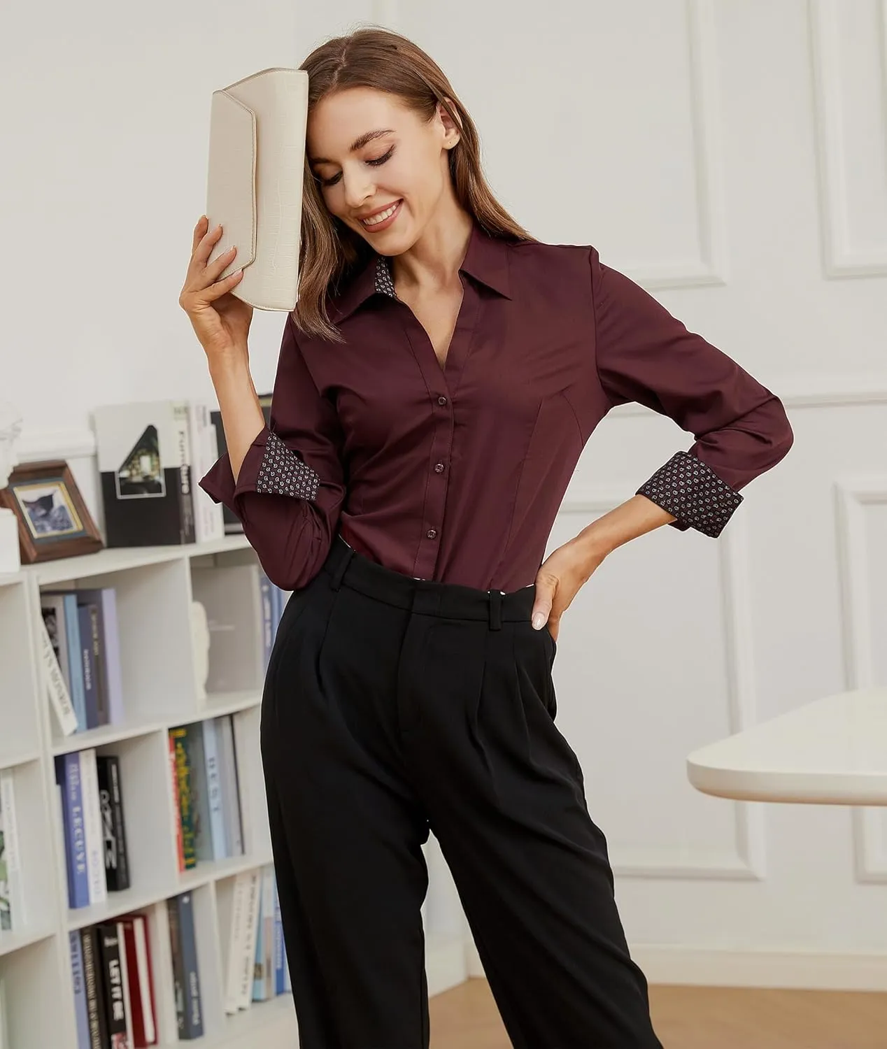 WARHORSEE Womens Button Down Shirt Long Sleeve Work Dress Shirts, V Neck Easy Care Stretchy Business Casual Blouses for Women