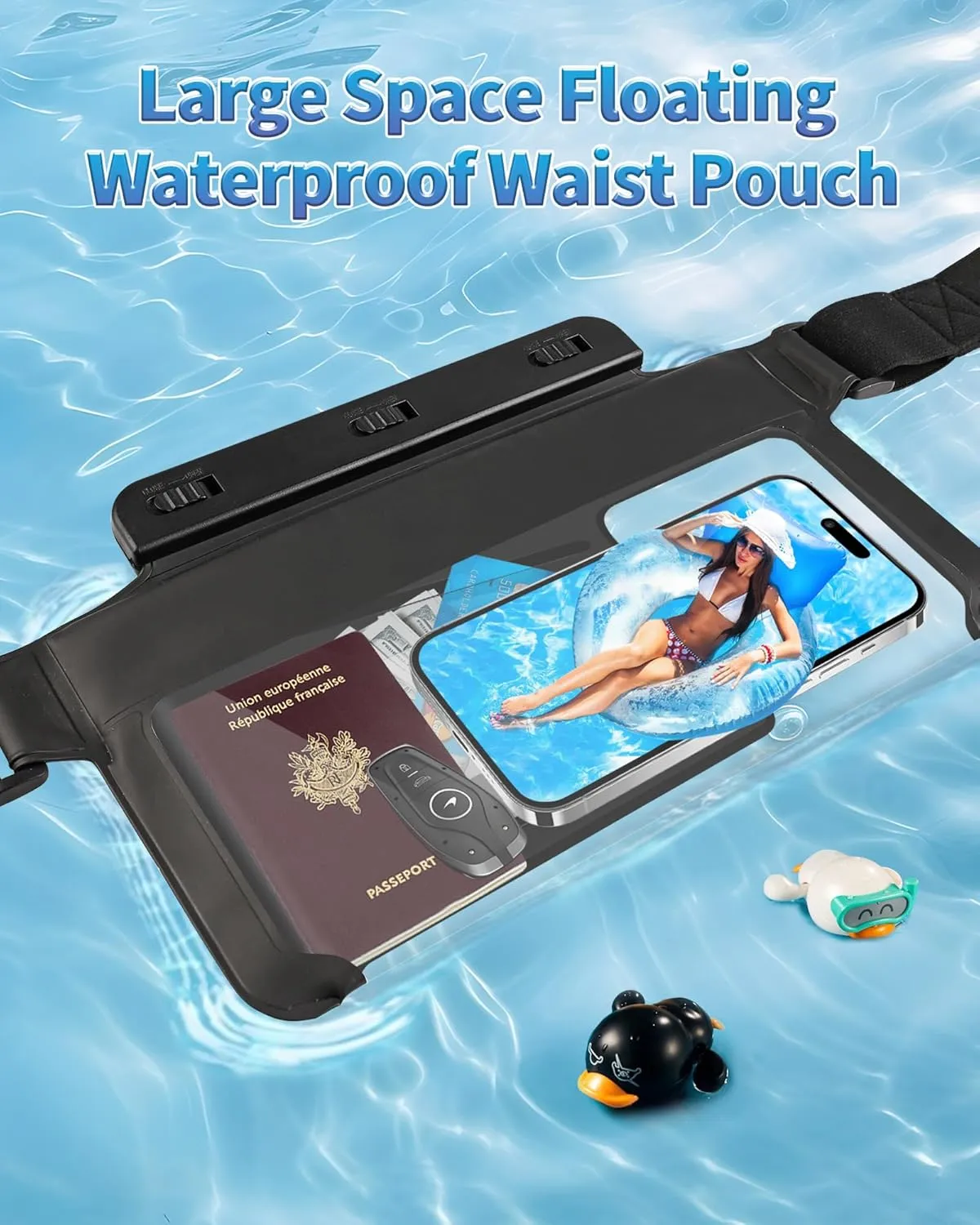 Waterproof Bag Fanny Pack, IPX8 Phone Pouch, Transparent Touchscreen Design, Adjustable Strap (30"-43"), Crossbody/Sling Waist Bag for Swimming, kayaking, Travel, Beach (Fits All Phones) (Black, M)