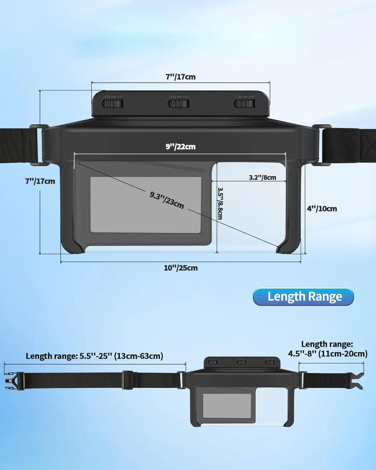 Waterproof Bag Fanny Pack, IPX8 Phone Pouch, Transparent Touchscreen Design, Adjustable Strap (30"-43"), Crossbody/Sling Waist Bag for Swimming, kayaking, Travel, Beach (Fits All Phones) (Black, M)