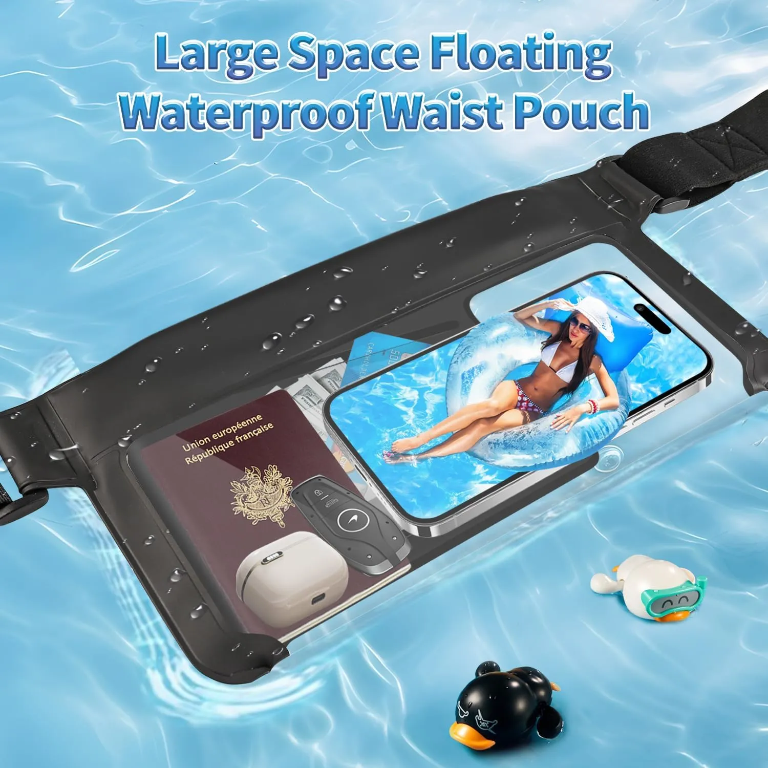 Waterproof Bag Fanny Pack, IPX8 Phone Pouch, Transparent Touchscreen Design, Adjustable Strap (30"-43"), Crossbody/Sling Waist Bag for Swimming, kayaking, Travel, Beach (Fits All Phones)