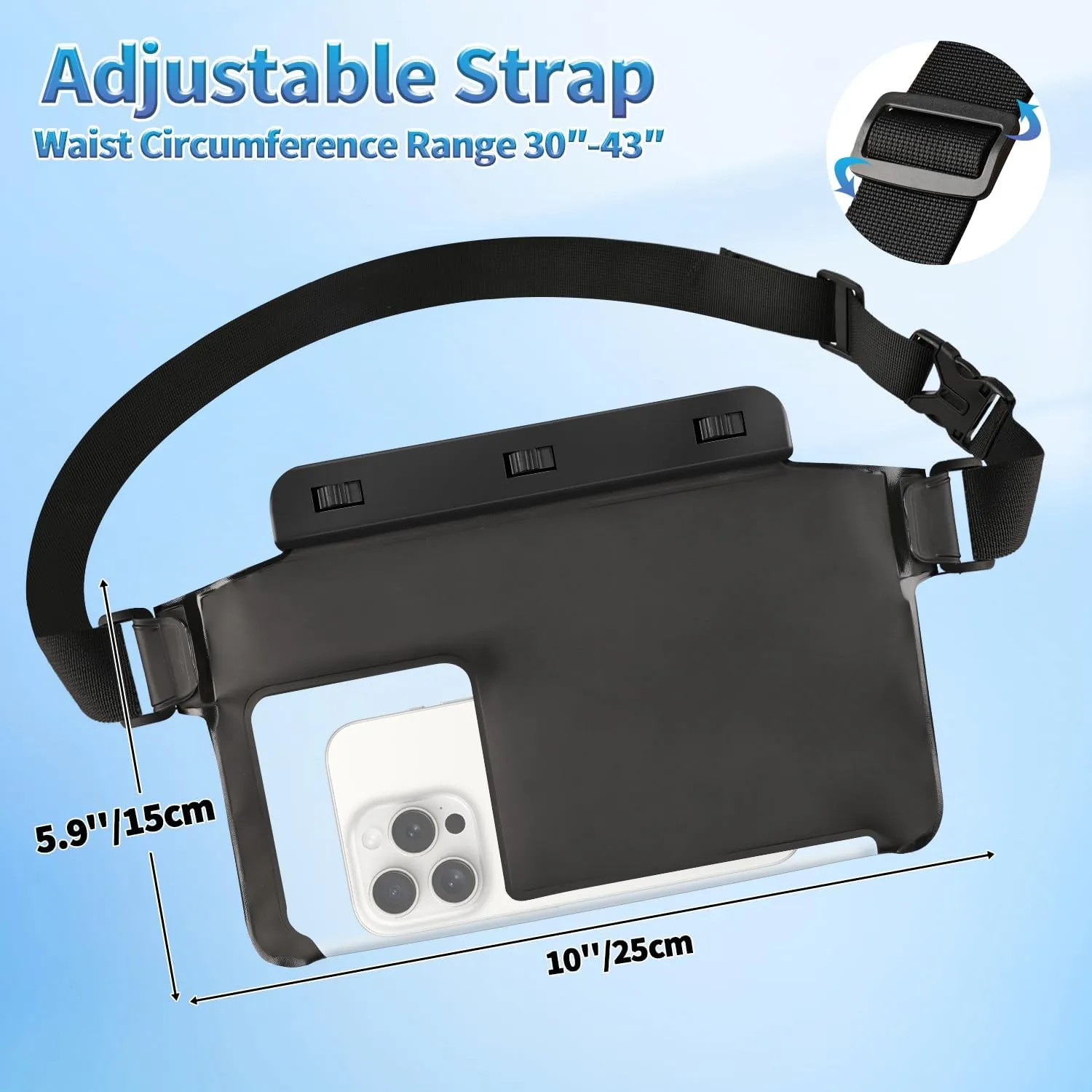 Waterproof Bag Fanny Pack, IPX8 Phone Pouch, Transparent Touchscreen Design, Adjustable Strap (30"-43"), Crossbody/Sling Waist Bag for Swimming, kayaking, Travel, Beach (Fits All Phones)