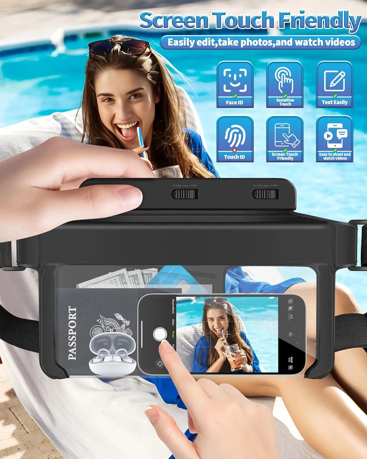 Waterproof Bag Fanny Pack, IPX8 Phone Pouch, Transparent Touchscreen Design, Adjustable Strap (30"-43"), Crossbody/Sling Waist Bag for Swimming, kayaking, Travel, Beach (Fits All Phones)