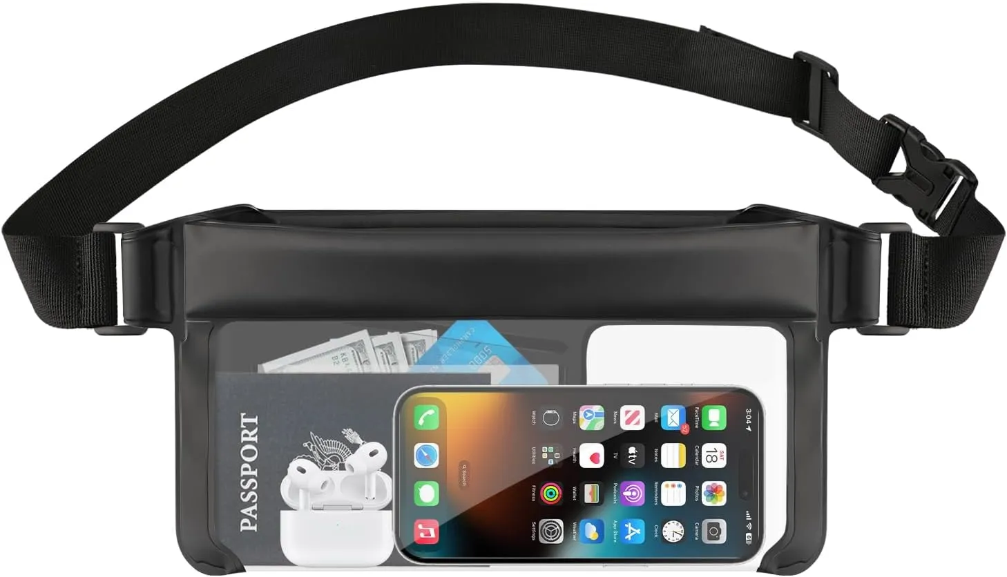 Waterproof Bag Fanny Pack, IPX8 Phone Pouch, Transparent Touchscreen Design, Adjustable Strap (30"-43"), Crossbody/Sling Waist Bag for Swimming, kayaking, Travel, Beach (Fits All Phones)