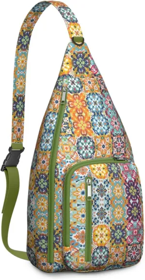 Waterproof Boho Sling Bag Backpack for Men Women Vintage Crossbody Daypack Adjustable Shoulder Chest Bag for Hiking Travel