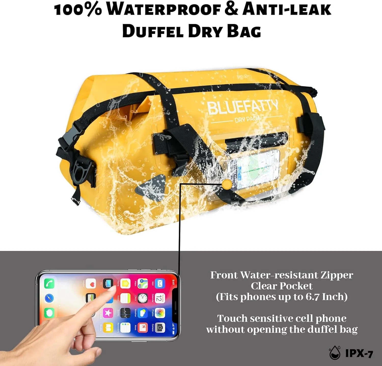 Waterproof Motorcycle Duffel Bag Roll Top Dry Duffel Bag with Quick-fixed Straps for Rafting, Boating, Kayaking, Travel, 50L(Yellow)