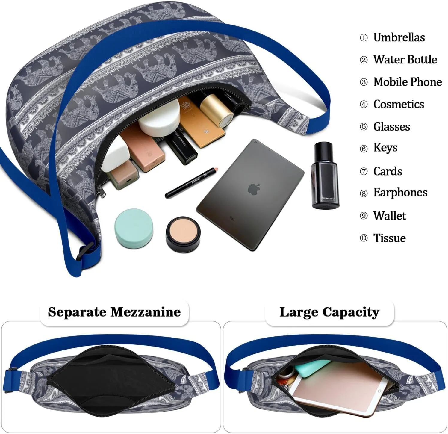 Waterproof Nylon Crescent Sling Crossbody Bag Casual Boho Elephant Shoulder Bag with Adjustable Strap for Work Travel