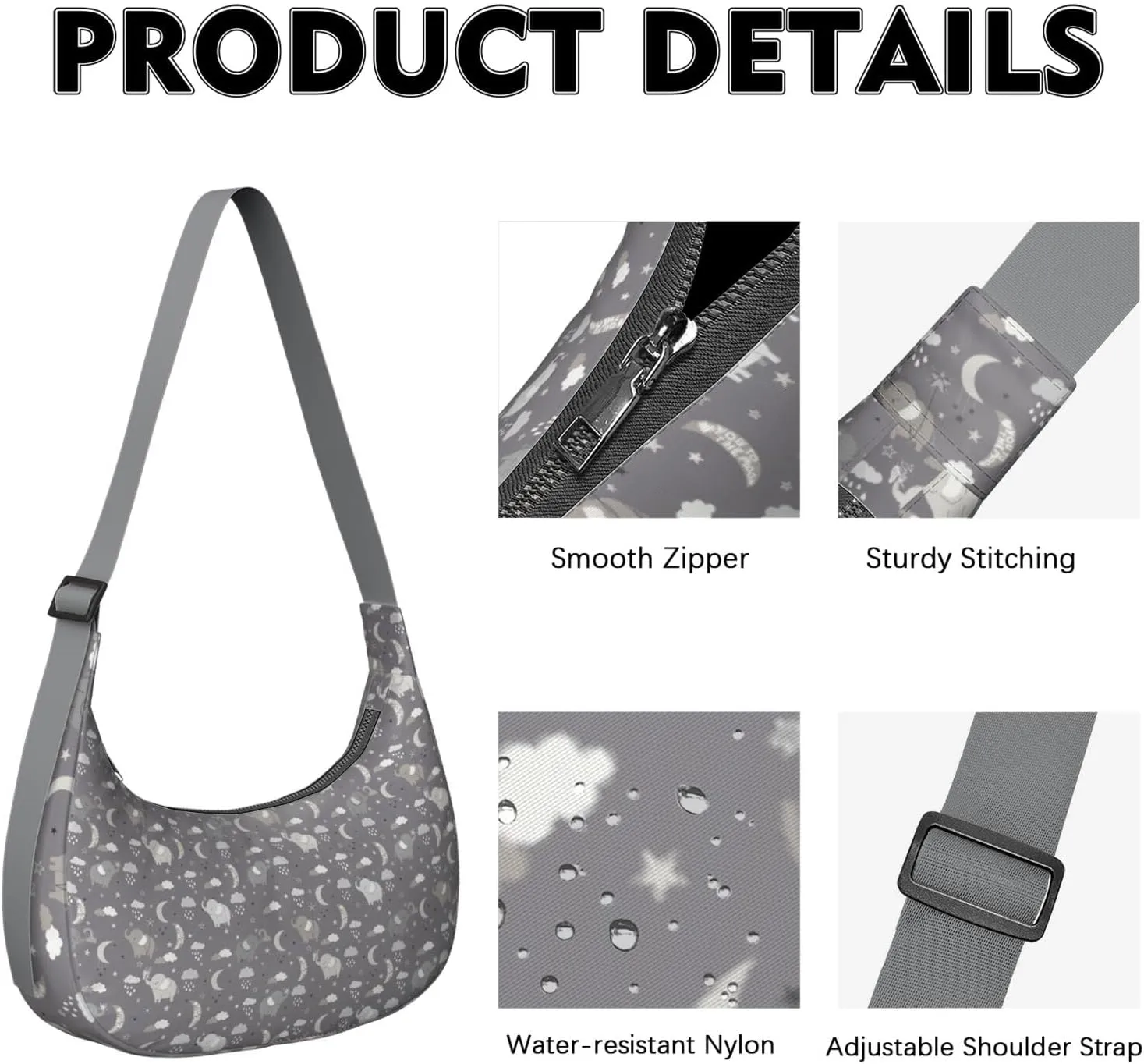 Waterproof Nylon Crescent Sling Crossbody Bag Casual Boho Elephant Shoulder Bag with Adjustable Strap for Work Travel