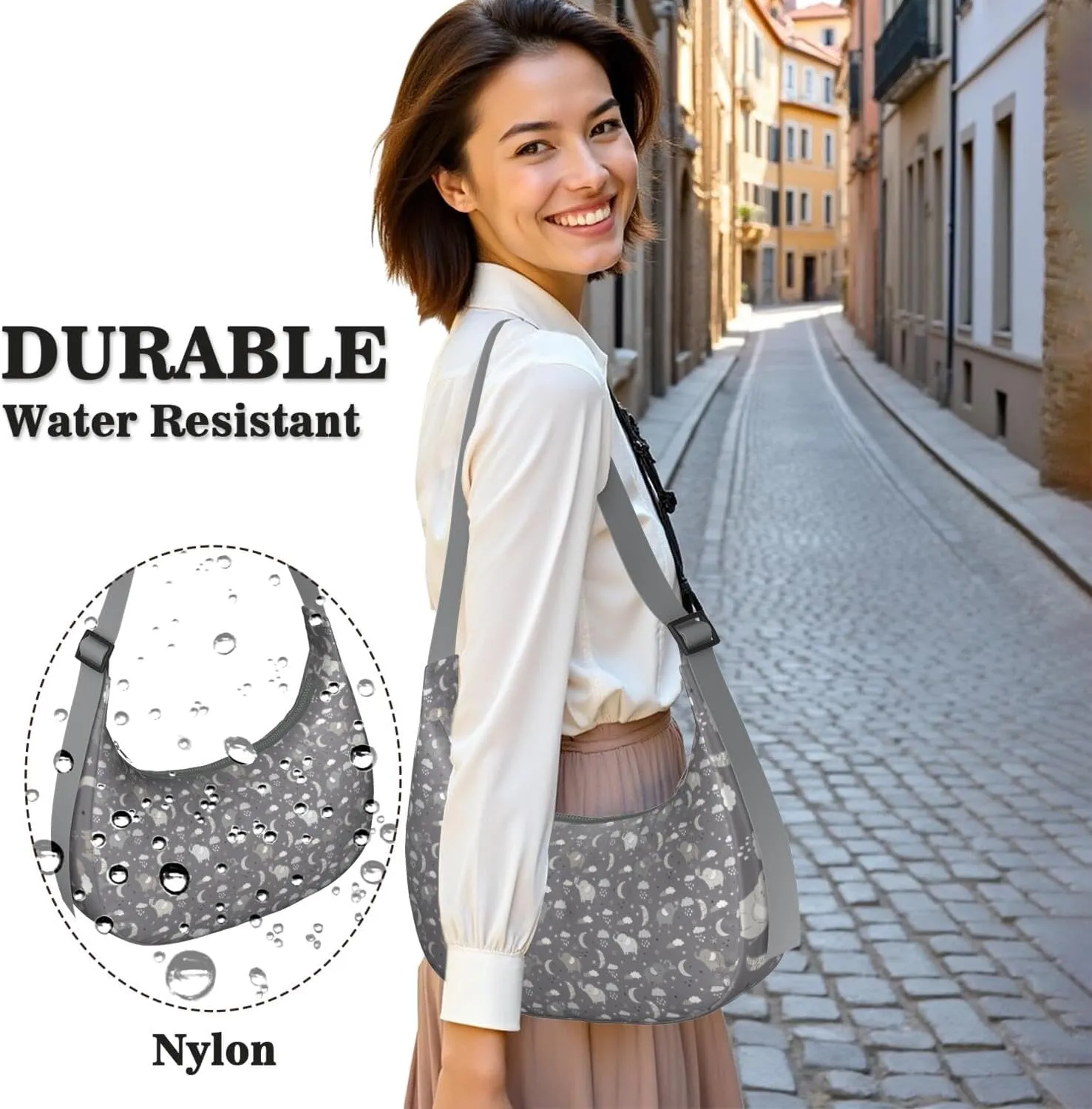 Waterproof Nylon Crescent Sling Crossbody Bag Casual Boho Elephant Shoulder Bag with Adjustable Strap for Work Travel