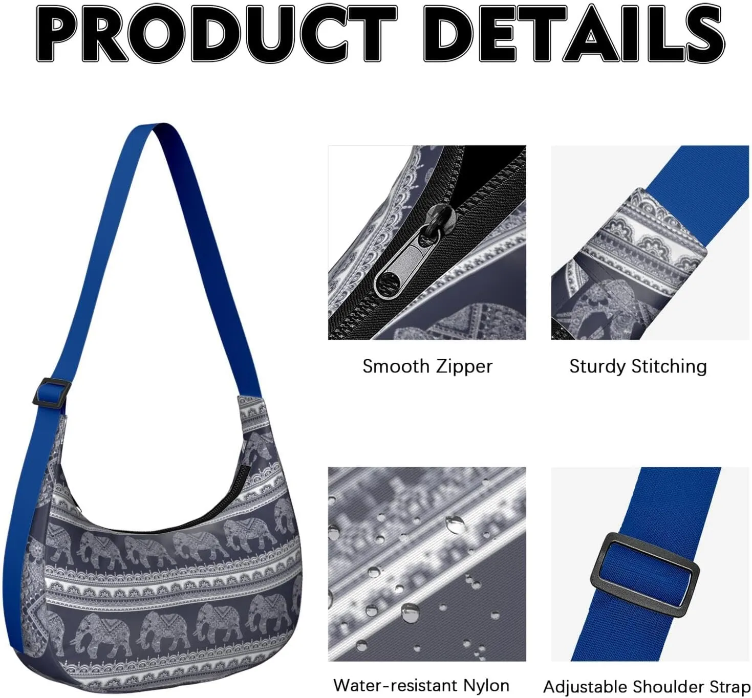 Waterproof Nylon Crescent Sling Crossbody Bag Casual Boho Elephant Shoulder Bag with Adjustable Strap for Work Travel