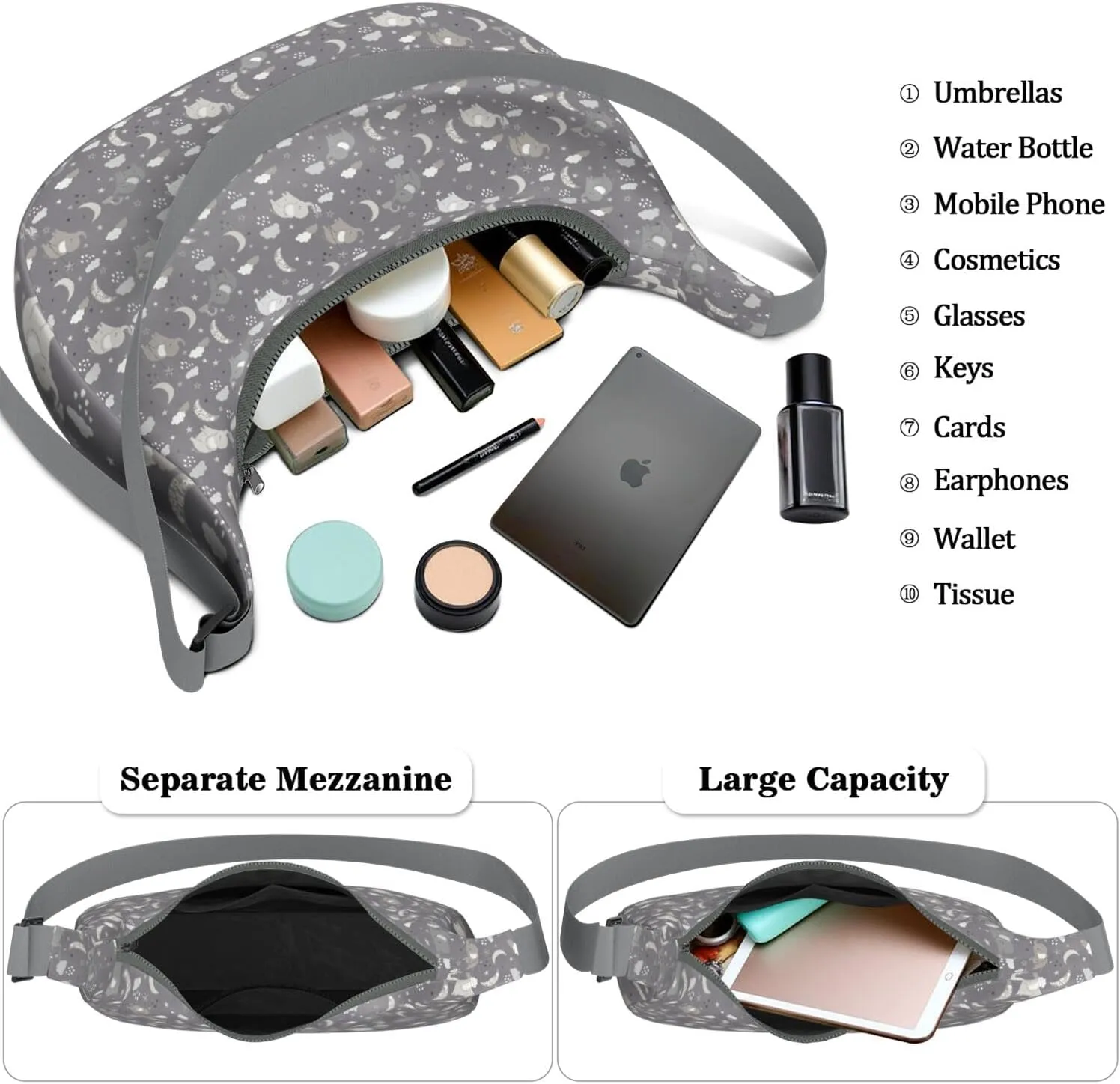 Waterproof Nylon Crescent Sling Crossbody Bag Casual Boho Elephant Shoulder Bag with Adjustable Strap for Work Travel