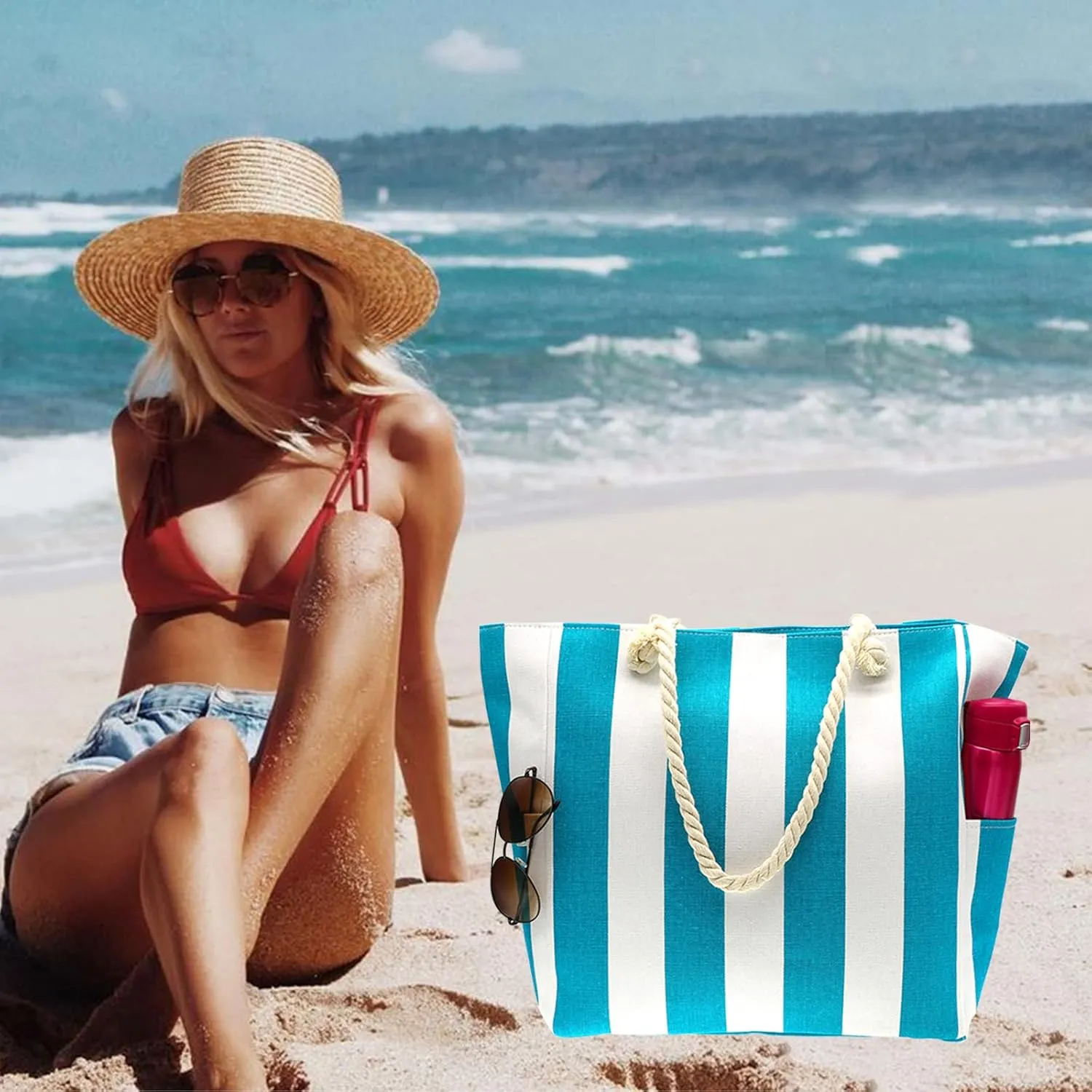 We We Large Beach Tote bag for Women Canvas Straw Tavel Tote Bag Waterproof Shoulder Bag Handbag for Gym Swim