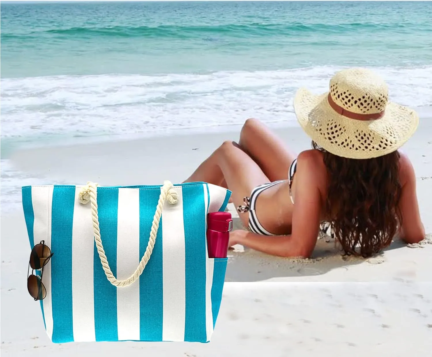 We We Large Beach Tote bag for Women Canvas Straw Tavel Tote Bag Waterproof Shoulder Bag Handbag for Gym Swim
