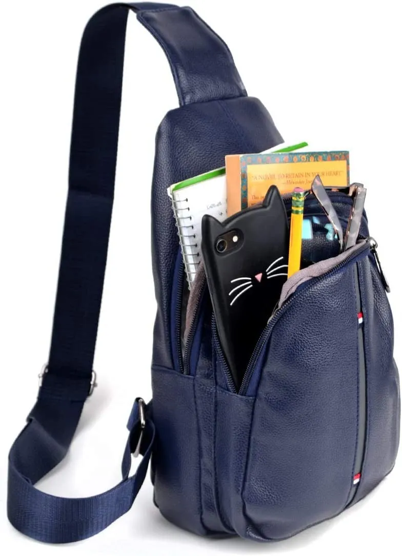 WESTEND Crossbody Leather Sling Bag Backpack with Adjustable Strap - Navy Leather