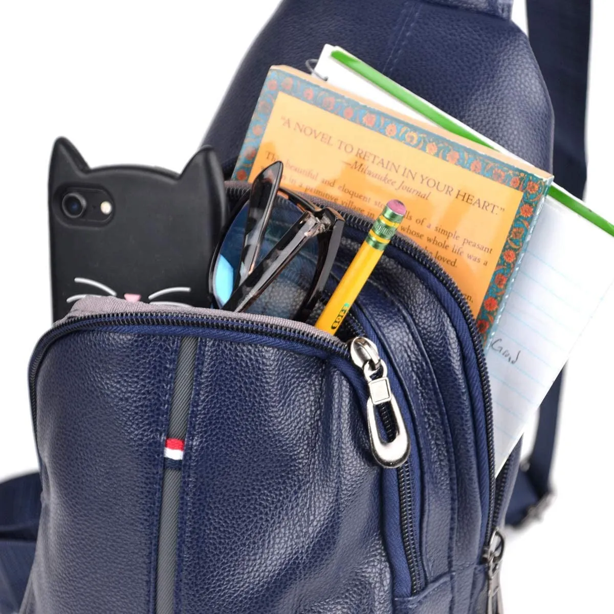 WESTEND Crossbody Leather Sling Bag Backpack with Adjustable Strap - Navy Leather