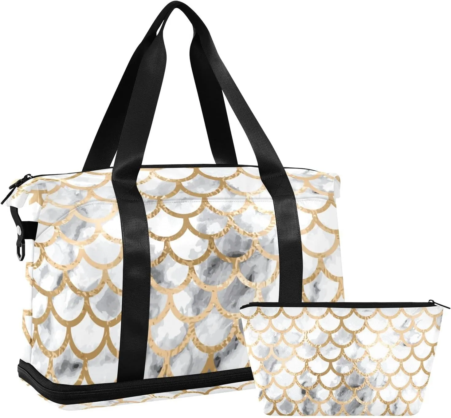 White Mermaid Scale Versatile Sports Travel Bag - Lasting Twill Tote, Removable Wheel & Rod Bagging, Multi-pocket Design, Complimentary Makeup Bag