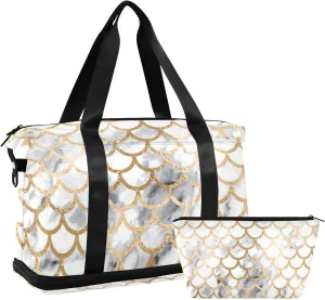 White Mermaid Scale Versatile Sports Travel Bag - Lasting Twill Tote, Removable Wheel & Rod Bagging, Multi-pocket Design, Complimentary Makeup Bag