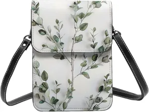 White Natural Greenery Twig Printed Crossbody Cell Phone Bag for Women Men, Small Leather Cell Phone Purse Wallet, Hold Two Phones
