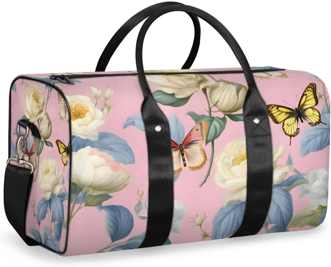 White Rose Printed Travel Duffel Bag for Women Men Waterproof Foldable Overnight Weekender Bag Large Capacity Sports Gym Bag