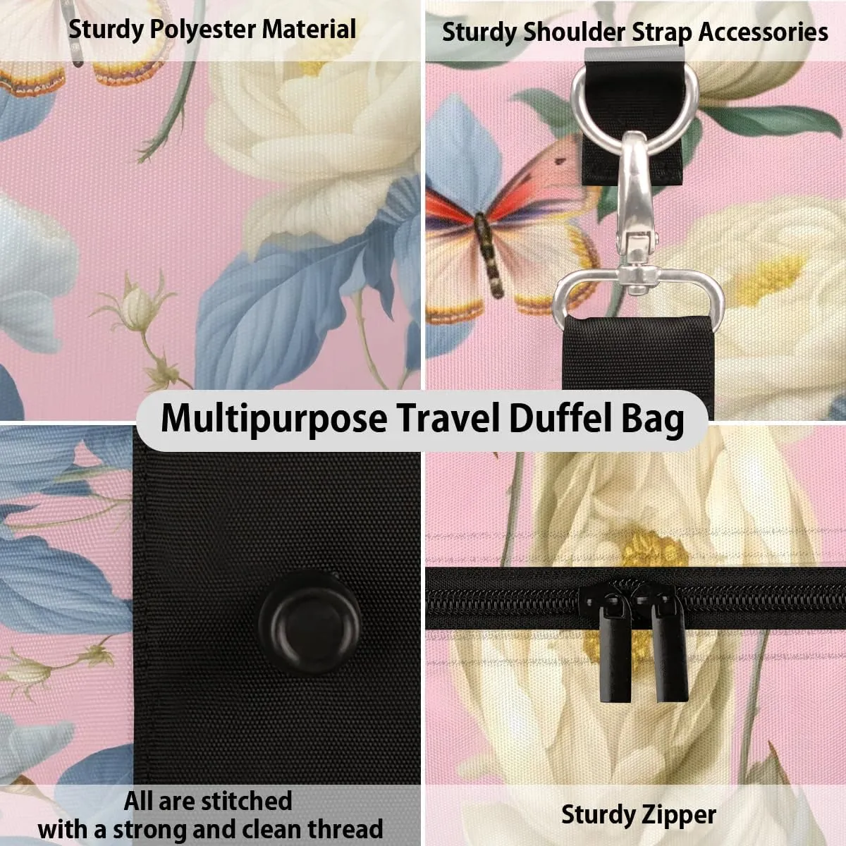 White Rose Printed Travel Duffel Bag for Women Men Waterproof Foldable Overnight Weekender Bag Large Capacity Sports Gym Bag