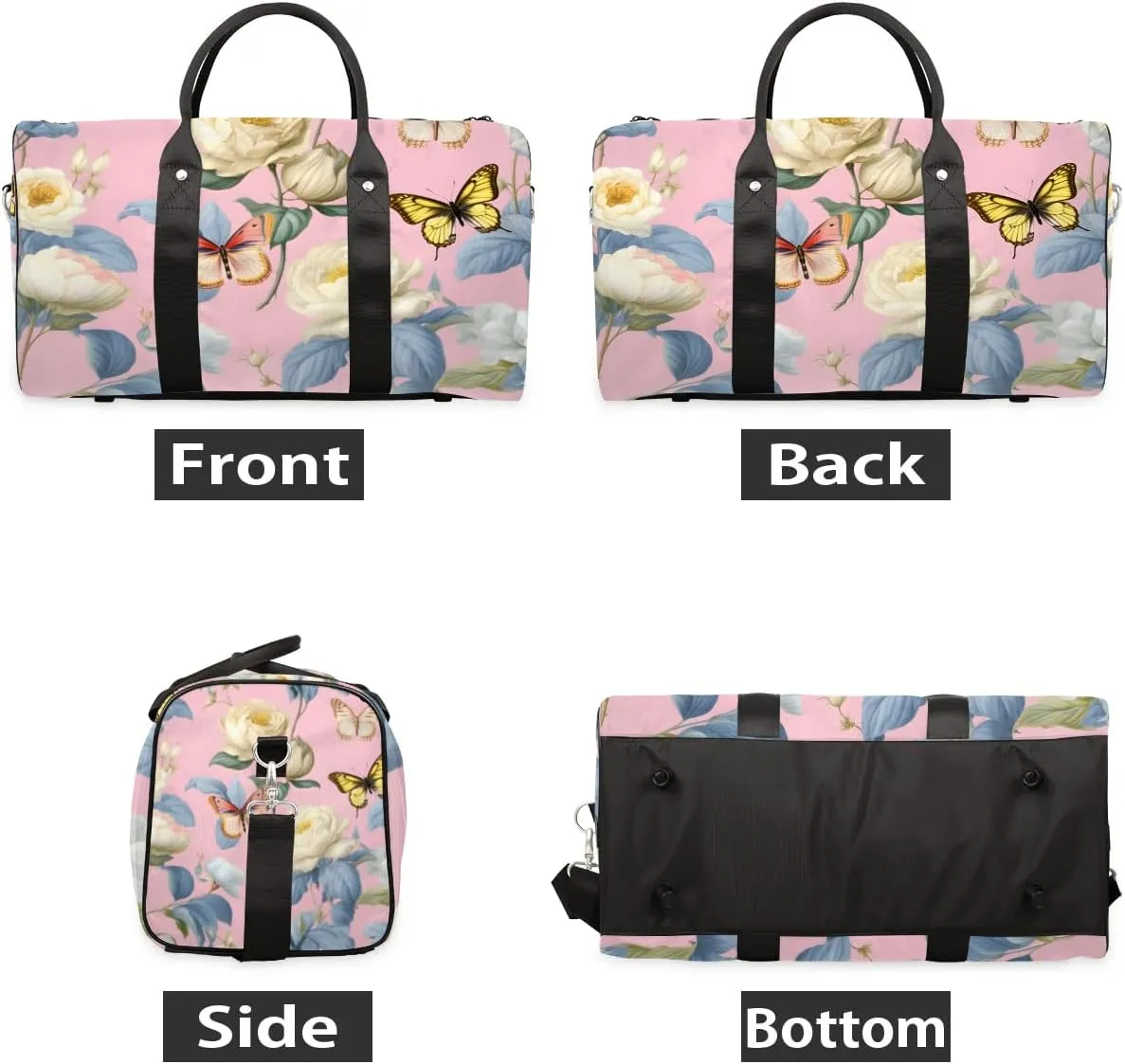 White Rose Printed Travel Duffel Bag for Women Men Waterproof Foldable Overnight Weekender Bag Large Capacity Sports Gym Bag