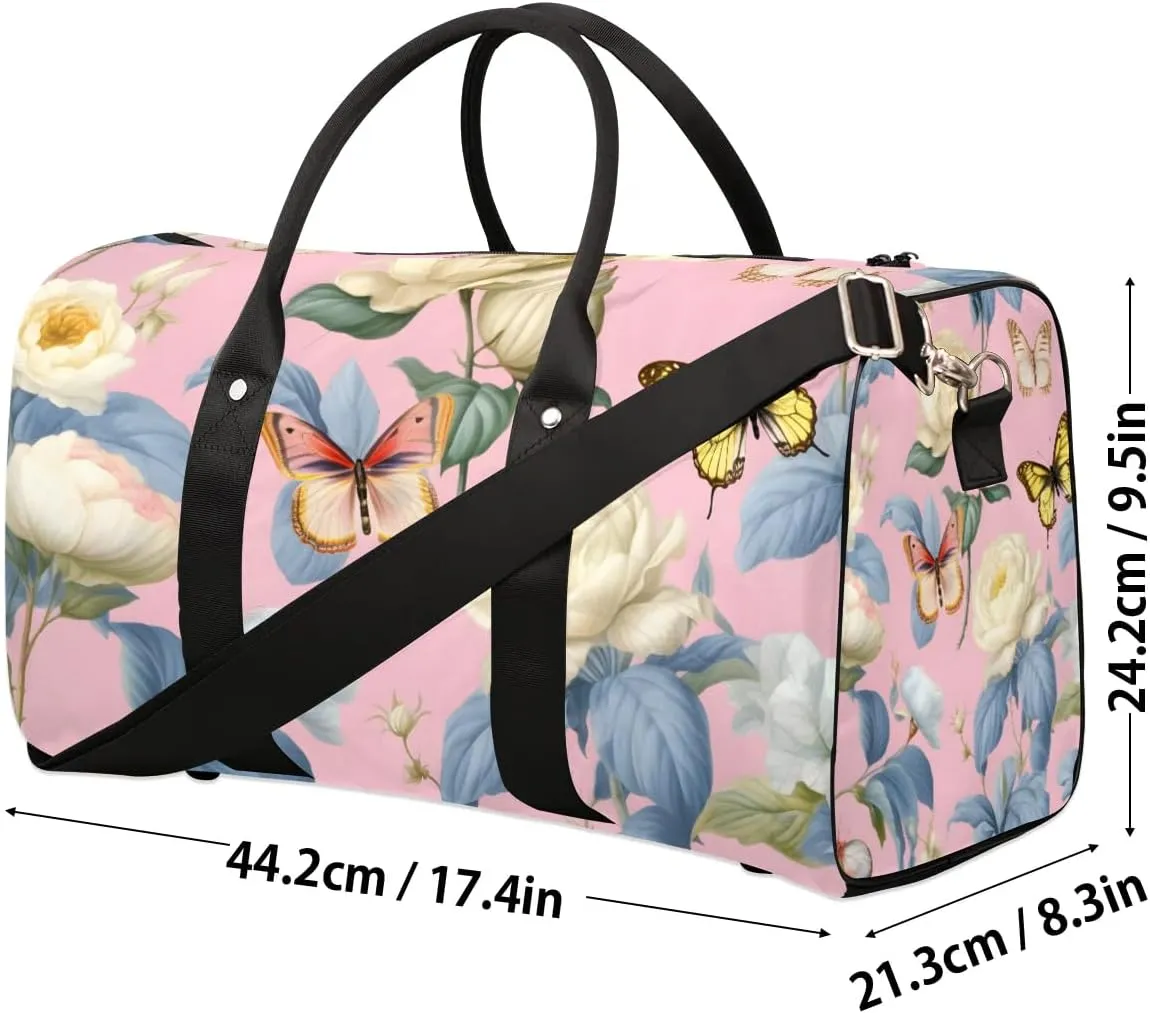 White Rose Printed Travel Duffel Bag for Women Men Waterproof Foldable Overnight Weekender Bag Large Capacity Sports Gym Bag
