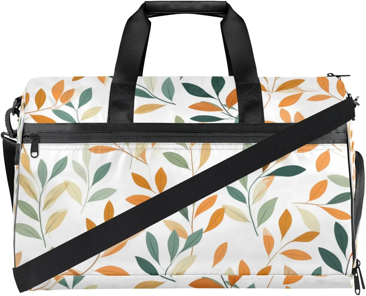 White Style 43L Gym Duffle Bag for men with Shoe Compartment, Leaf Texture Overnight Weekender Bag for Women with Shoulder Strap, Ideal for Travel, Gym, Sports