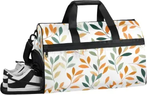 White Style 43L Gym Duffle Bag for men with Shoe Compartment, Leaf Texture Overnight Weekender Bag for Women with Shoulder Strap, Ideal for Travel, Gym, Sports