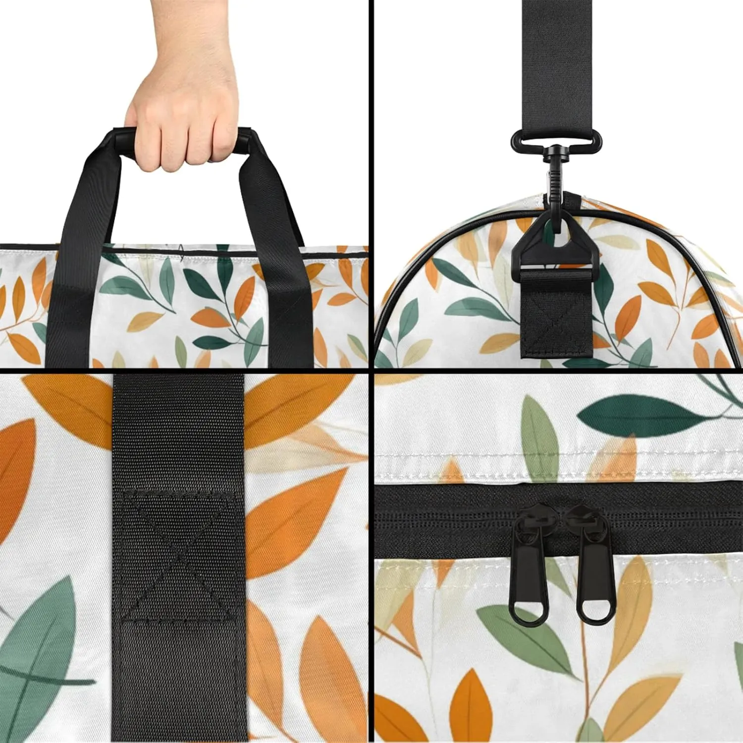 White Style 43L Gym Duffle Bag for men with Shoe Compartment, Leaf Texture Overnight Weekender Bag for Women with Shoulder Strap, Ideal for Travel, Gym, Sports