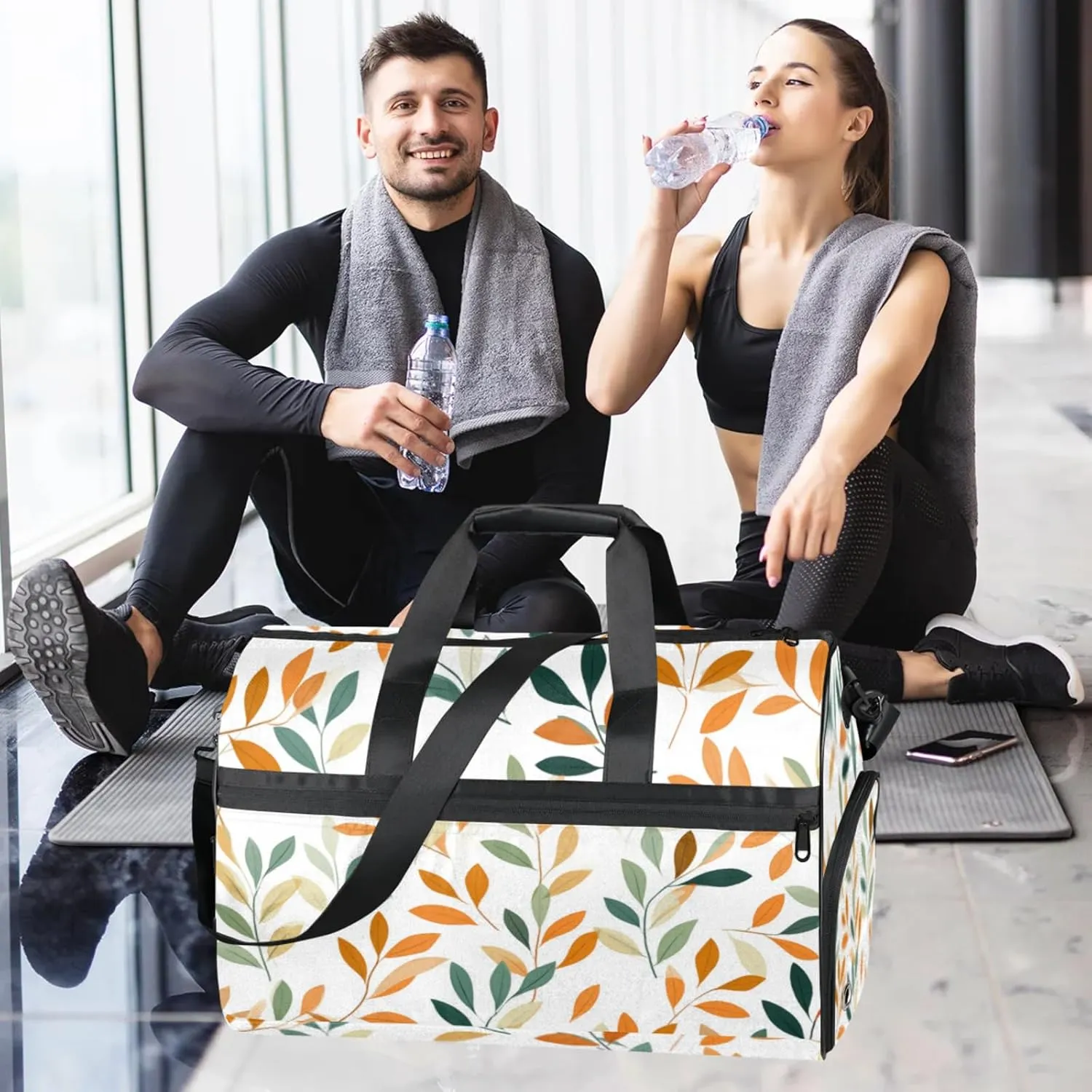 White Style 43L Gym Duffle Bag for men with Shoe Compartment, Leaf Texture Overnight Weekender Bag for Women with Shoulder Strap, Ideal for Travel, Gym, Sports