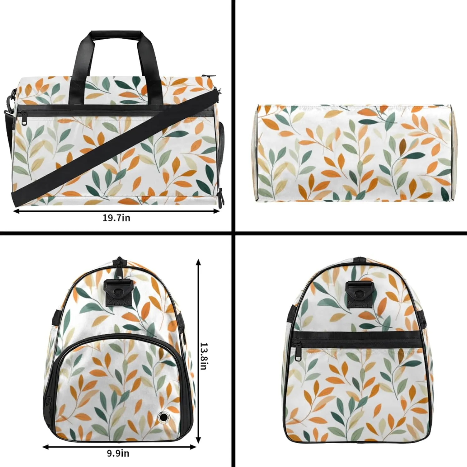 White Style 43L Gym Duffle Bag for men with Shoe Compartment, Leaf Texture Overnight Weekender Bag for Women with Shoulder Strap, Ideal for Travel, Gym, Sports