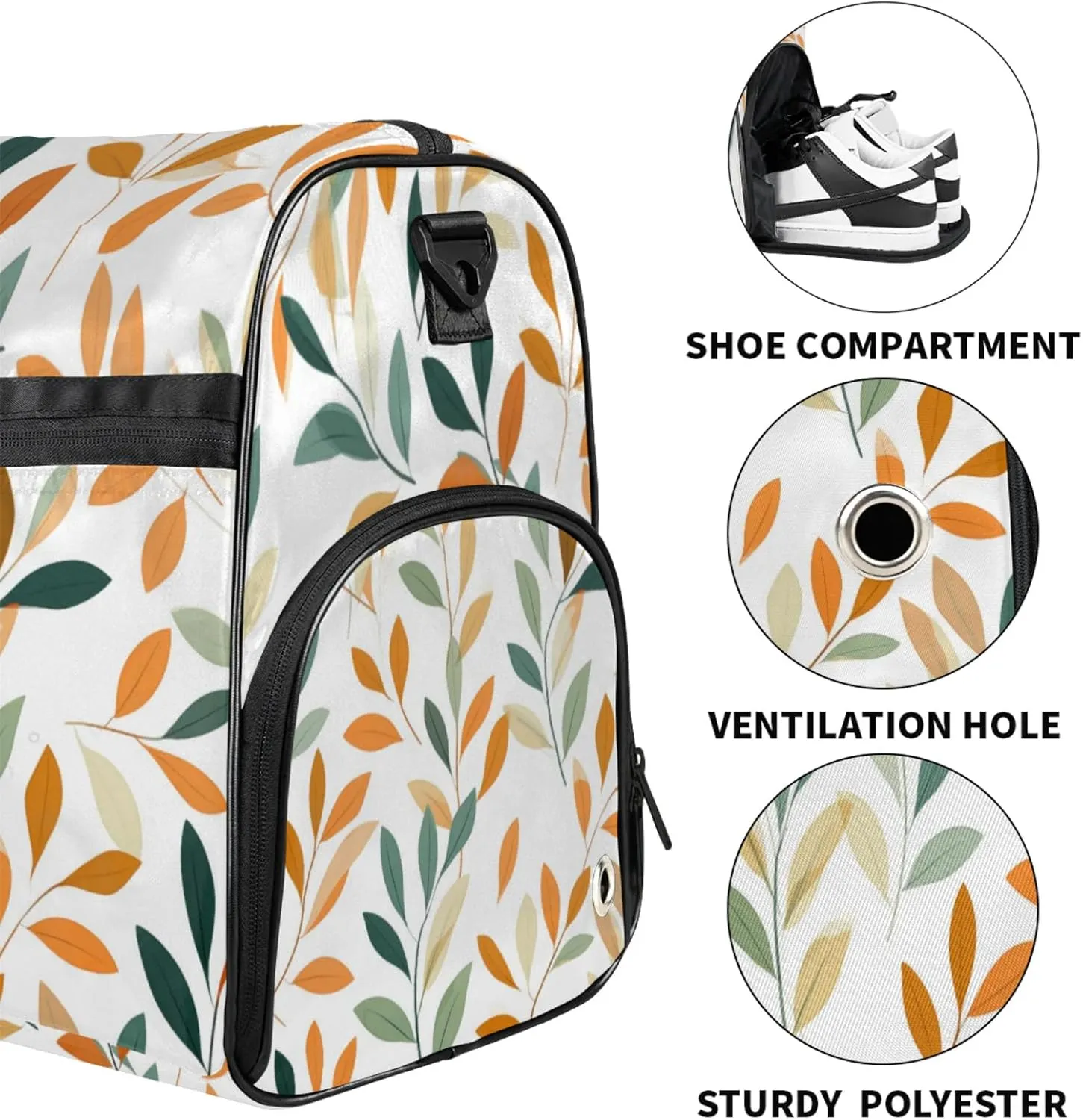 White Style 43L Gym Duffle Bag for men with Shoe Compartment, Leaf Texture Overnight Weekender Bag for Women with Shoulder Strap, Ideal for Travel, Gym, Sports