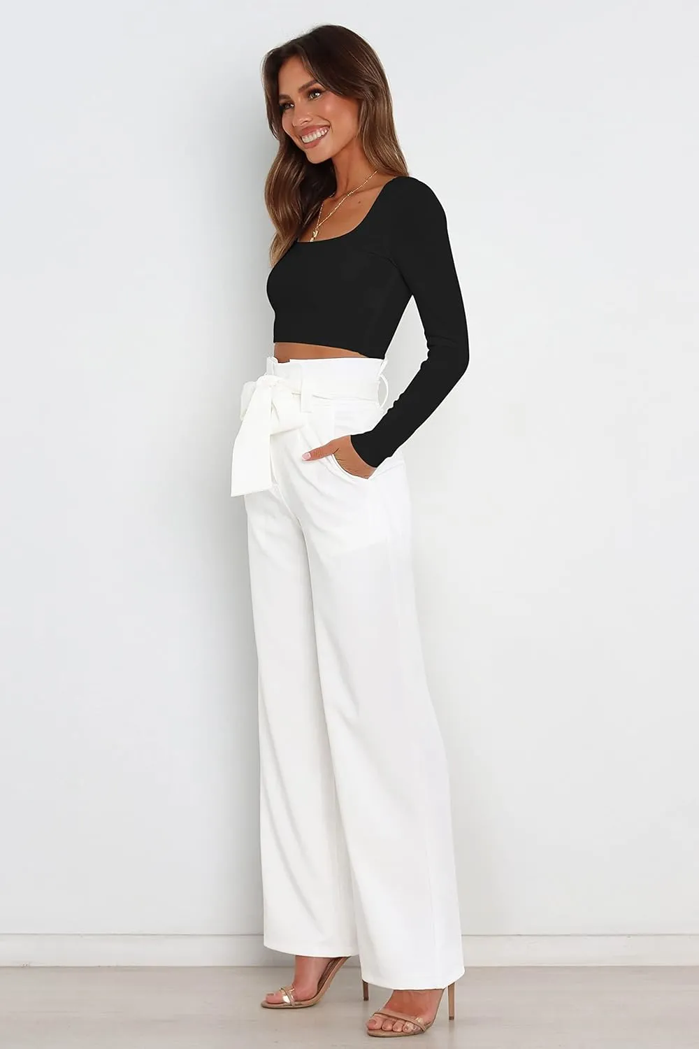 Wide Leg Dress Pants Womens Paperbag High Waisted Belted Business Casual Work Pants