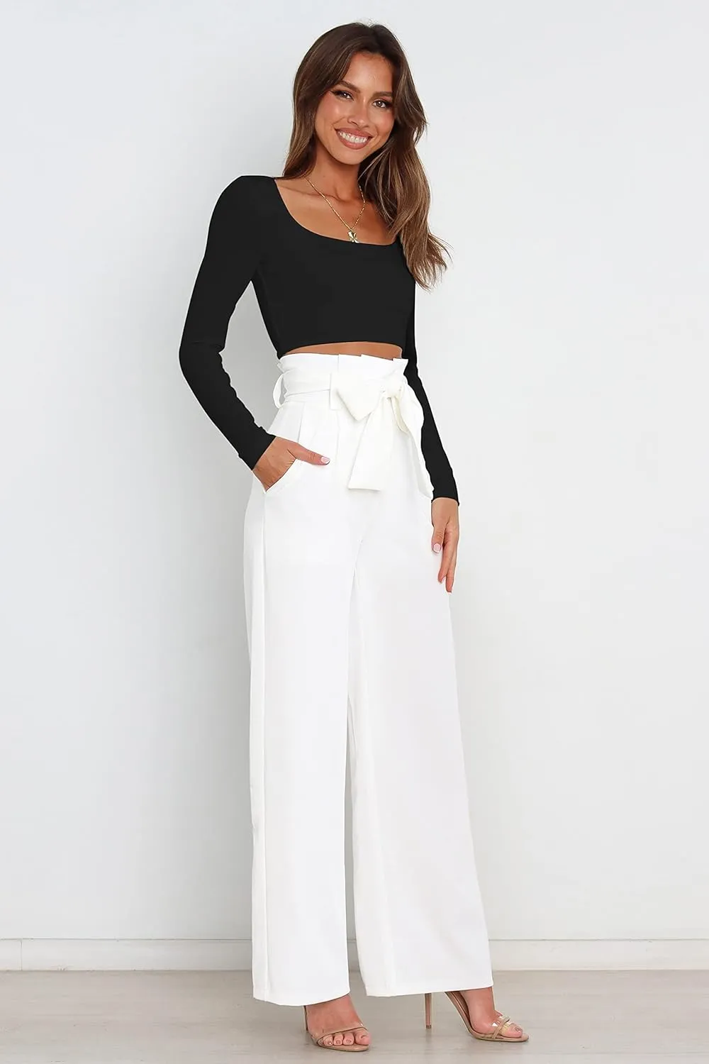 Wide Leg Dress Pants Womens Paperbag High Waisted Belted Business Casual Work Pants