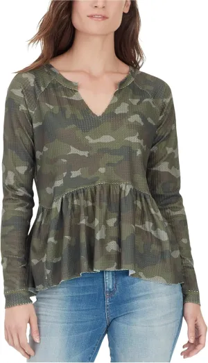 William Rast Womens Gryphon Thermal Long Sleeves Peplum Top Green S