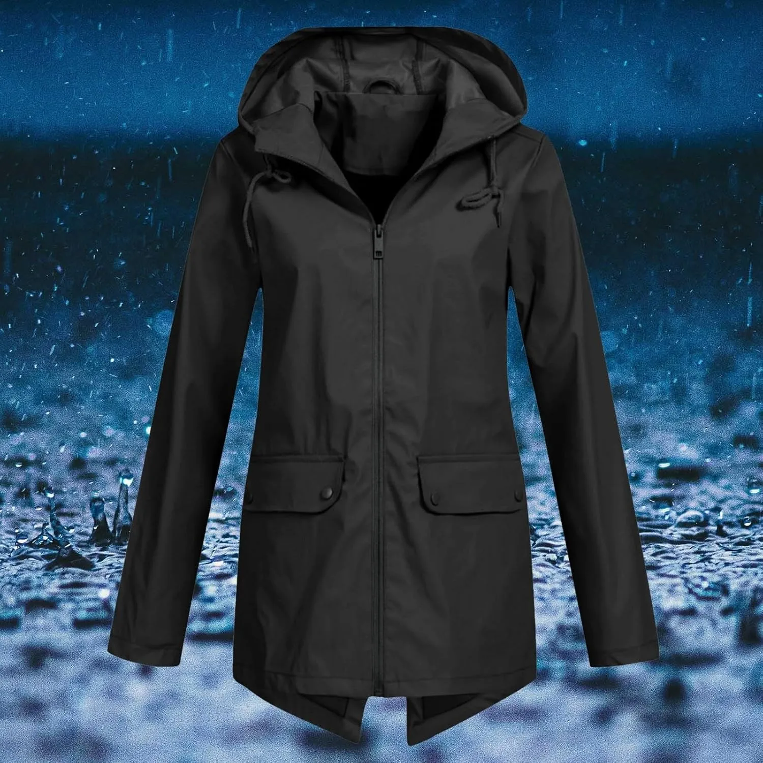 Windproof Jacket for Women Long Sleeve Raincoat Full Zip Up Button Hooded Plain Windbreaker with Pocket Rain Coat Zipper with