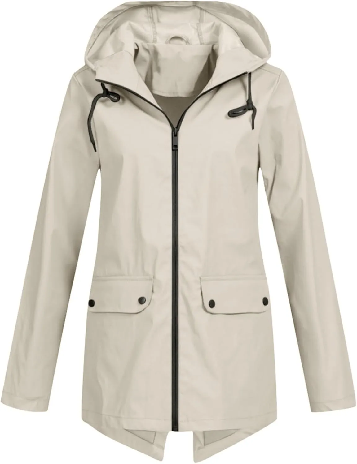 Windproof Jacket for Women Long Sleeve Raincoat Full Zip Up Button Hooded Plain Windbreaker with Pocket Rain Coat Zipper with