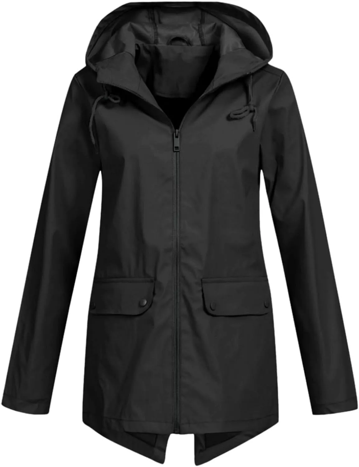 Windproof Jacket for Women Long Sleeve Raincoat Full Zip Up Button Hooded Plain Windbreaker with Pocket Rain Coat Zipper with