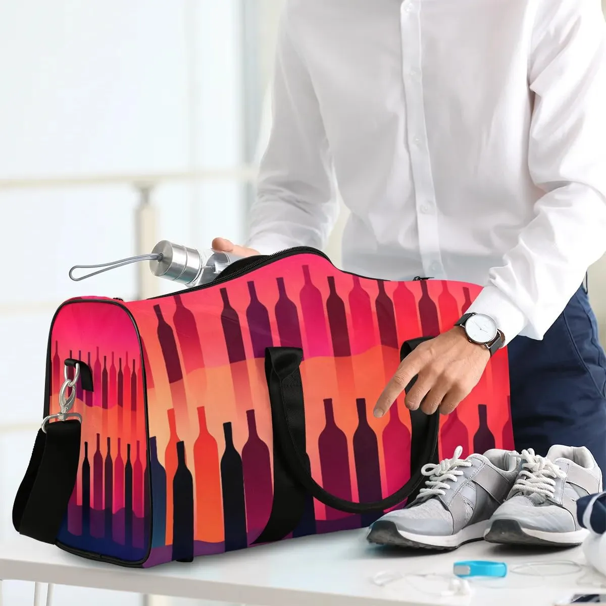 Wine Bottles Modern Travel Duffel Bag for Women Men Waterproof Foldable Overnight Weekender Bag Large Capacity Sports Gym Bag