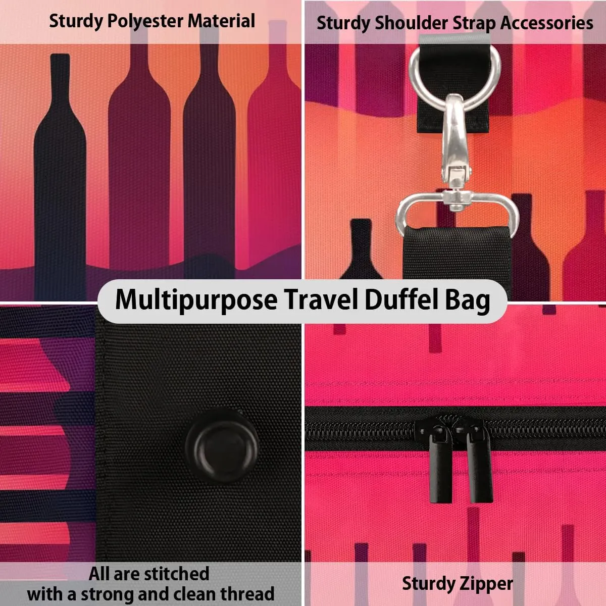 Wine Bottles Modern Travel Duffel Bag for Women Men Waterproof Foldable Overnight Weekender Bag Large Capacity Sports Gym Bag
