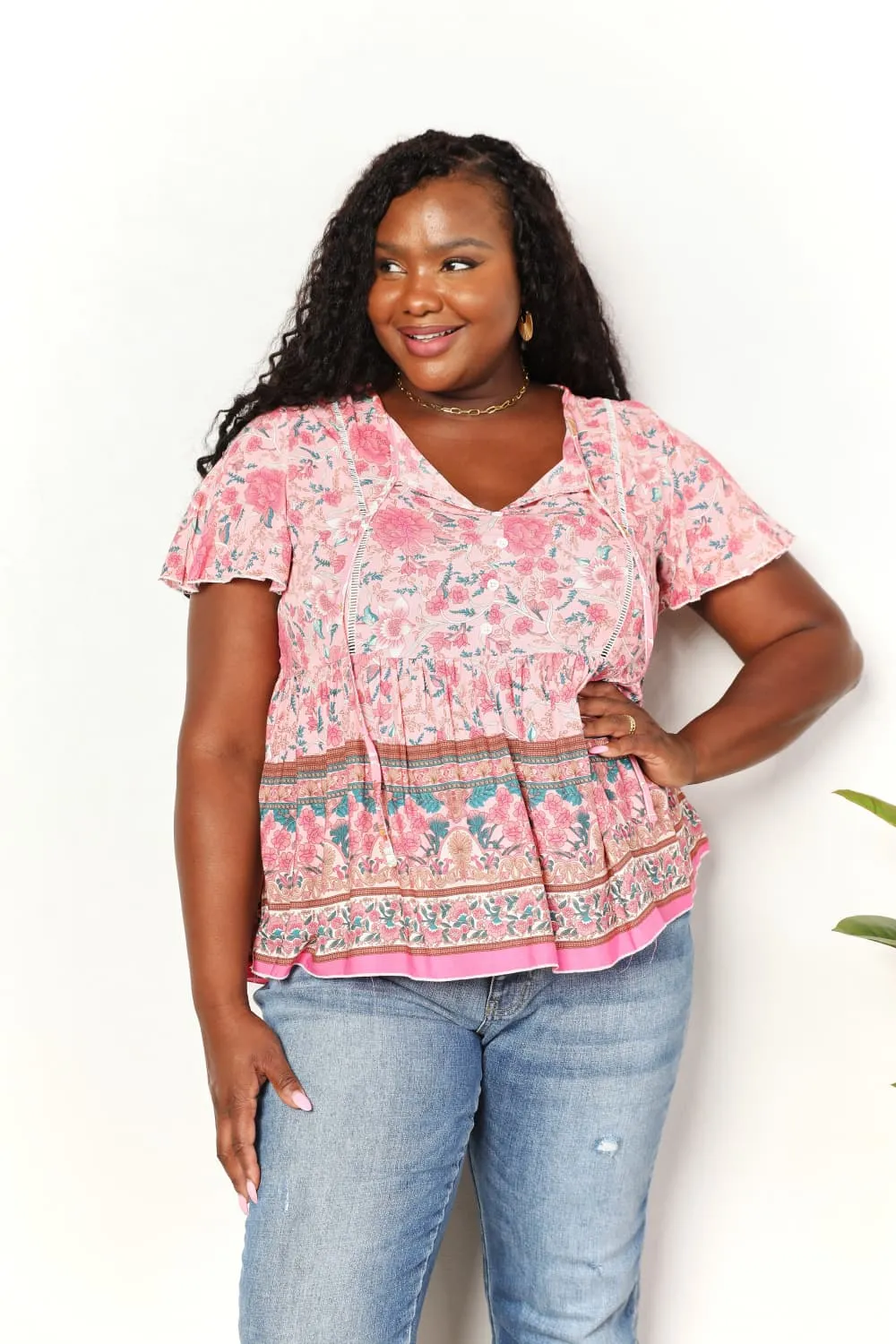 Winnie Bohemian Tie-Neck Peplum Blouse