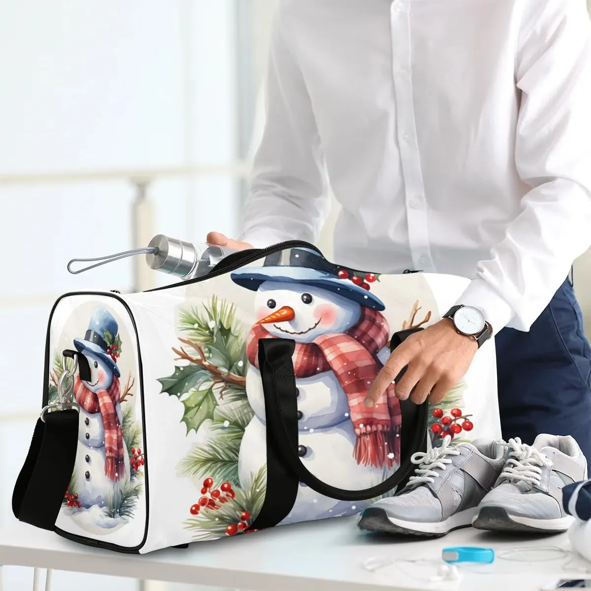 Winter Christmas Snowman Travel Duffel Bag for Women Men Waterproof Foldable Overnight Weekender Bag Large Capacity Sports Gym Bag