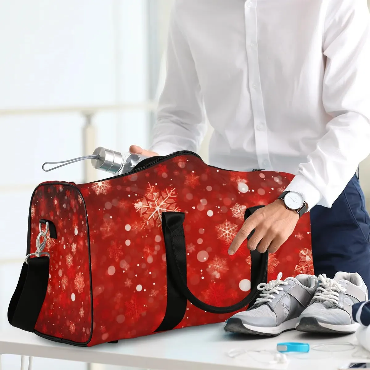 Winter Snowflakes Christmas Travel Duffel Bag for Women Men Waterproof Foldable Overnight Weekender Bag Large Capacity Sports Gym Bag