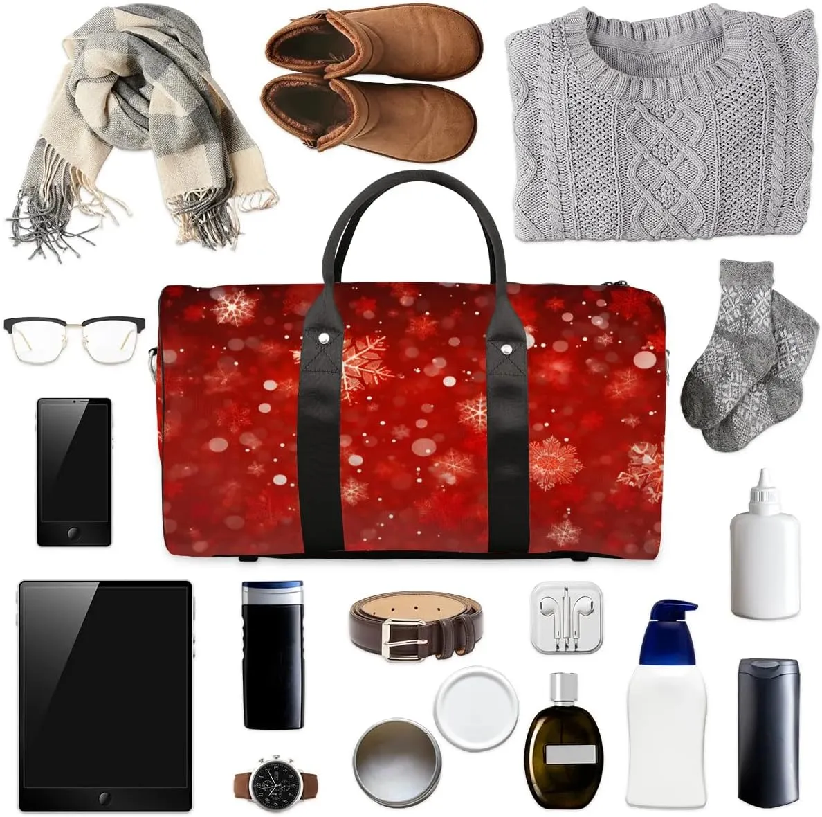 Winter Snowflakes Christmas Travel Duffel Bag for Women Men Waterproof Foldable Overnight Weekender Bag Large Capacity Sports Gym Bag