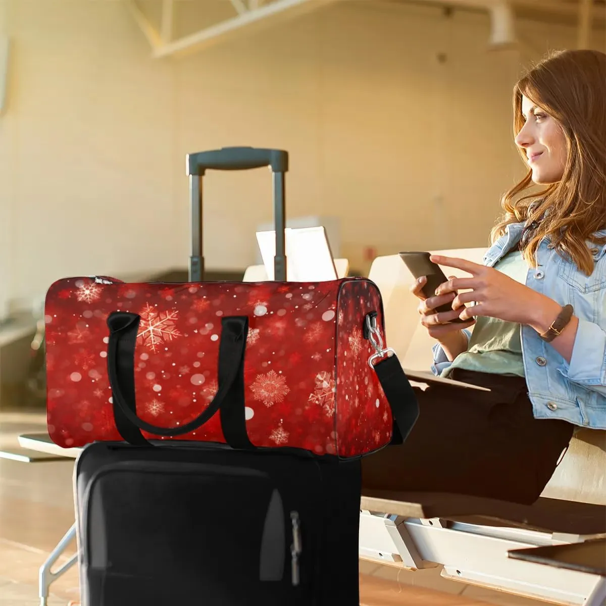 Winter Snowflakes Christmas Travel Duffel Bag for Women Men Waterproof Foldable Overnight Weekender Bag Large Capacity Sports Gym Bag