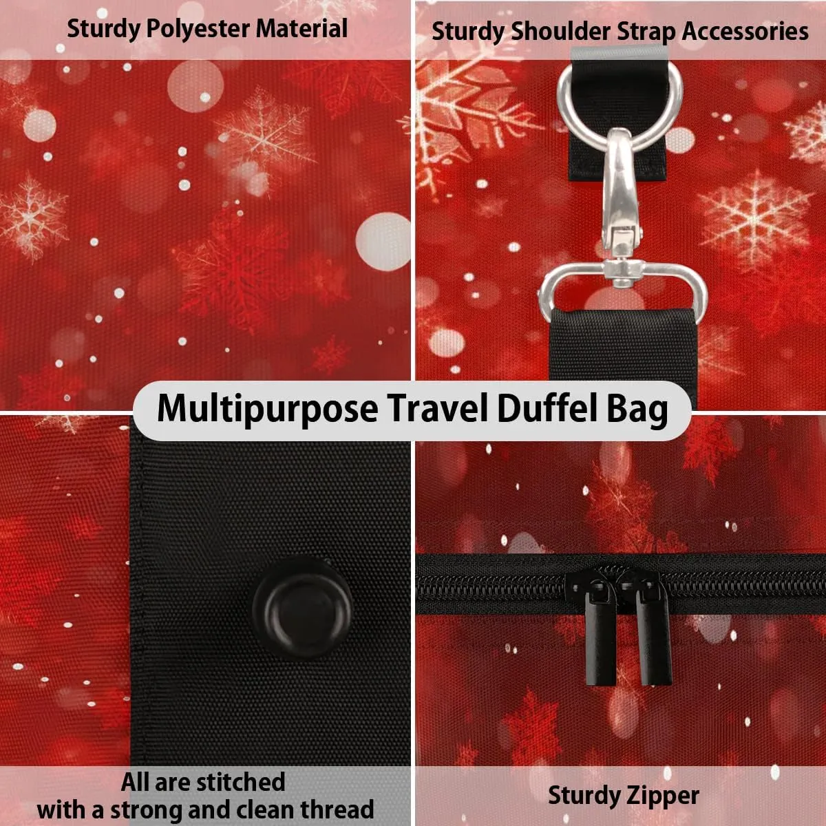 Winter Snowflakes Christmas Travel Duffel Bag for Women Men Waterproof Foldable Overnight Weekender Bag Large Capacity Sports Gym Bag