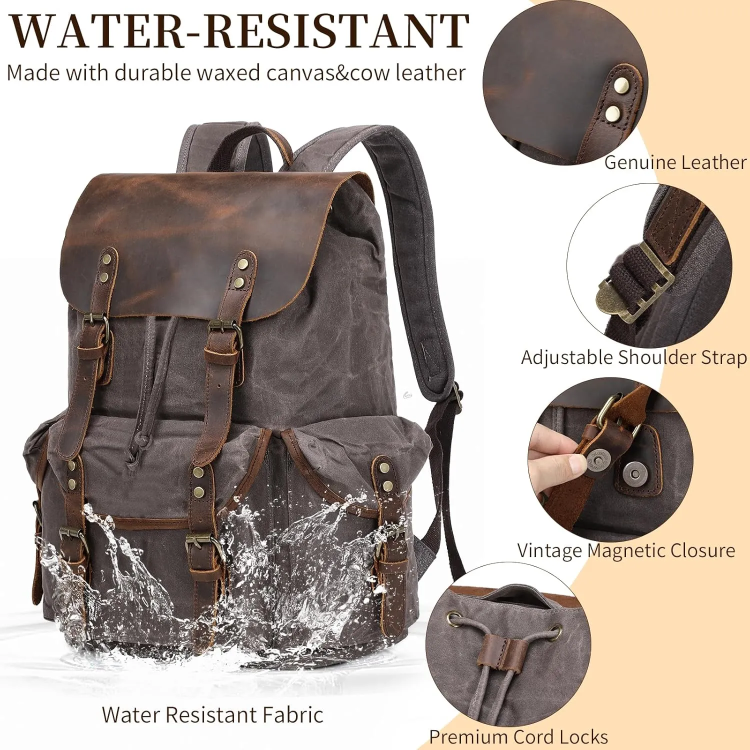 Wogarl Vintage Leather Canvas Backpack, Waxed Canvas Shoulder Rucksack with Toiletry Shoulder Rucksack for Traveling, Camping, Hiking,Business College Fits 17inch Laptop,Grey