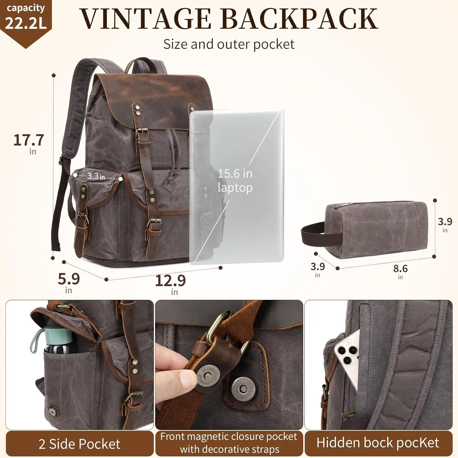 Wogarl Vintage Leather Canvas Backpack, Waxed Canvas Shoulder Rucksack with Toiletry Shoulder Rucksack for Traveling, Camping, Hiking,Business College Fits 17inch Laptop,Grey