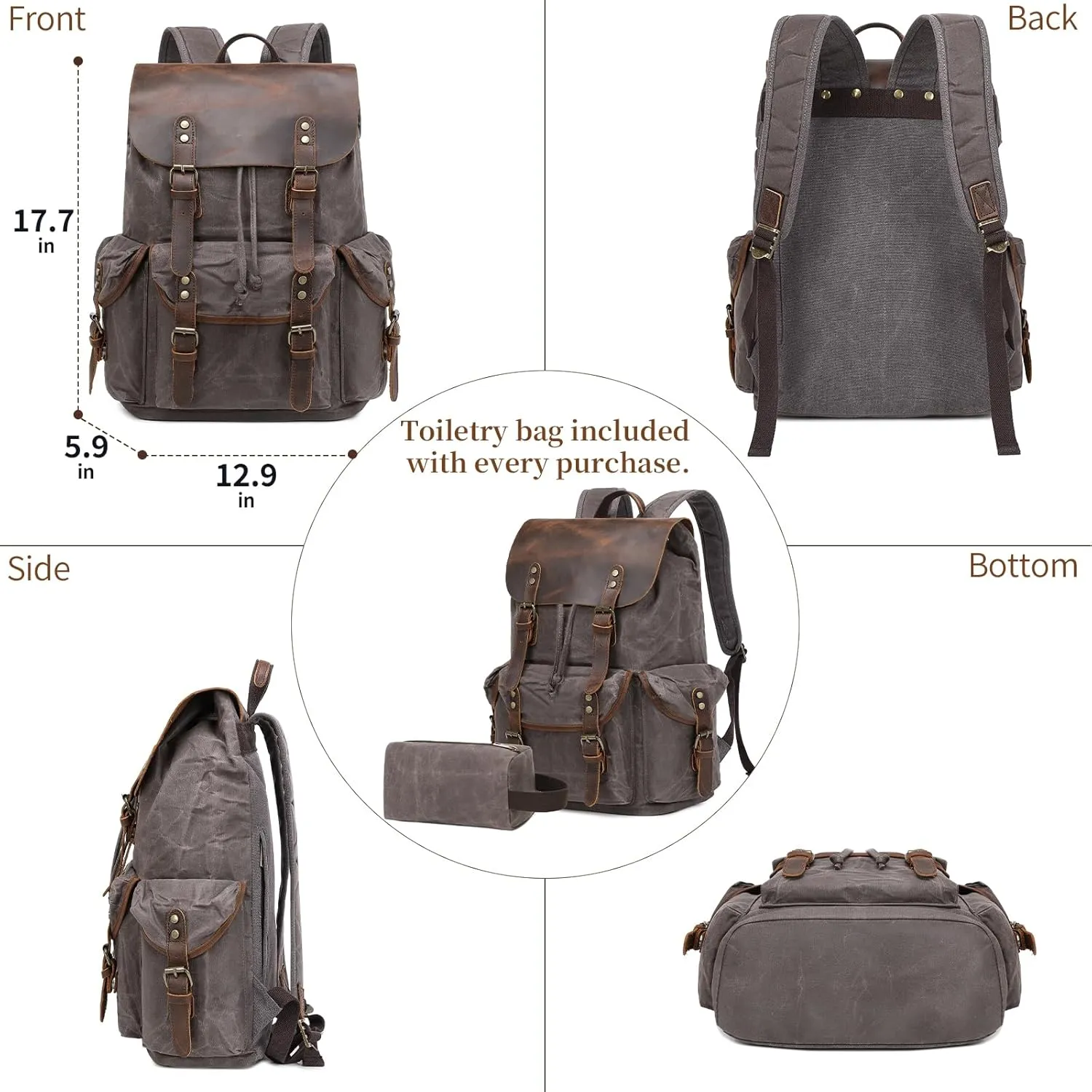 Wogarl Vintage Leather Canvas Backpack, Waxed Canvas Shoulder Rucksack with Toiletry Shoulder Rucksack for Traveling, Camping, Hiking,Business College Fits 17inch Laptop,Grey